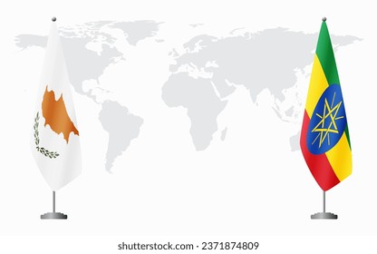 Republic of Cyprus and Ethiopia flags for official meeting against background of world map.