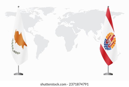 Republic of Cyprus and French Polynesia flags for official meeting against background of world map.