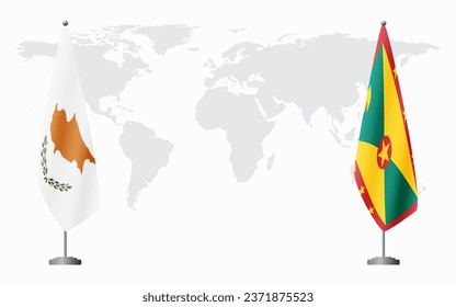 Banderas de la República de Chipre y Granada para una reunión oficial en el fondo del mapa mundial.