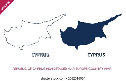 REPUBLIK ZYPERN Sehr detaillierte Karten der Länder der Europäischen Union. Vektorgrafik und blaue Silhouettenkarte von ZYPERN einzeln auf weißem Hintergrund. Politische Karte, Europakarte, Weltkarte
