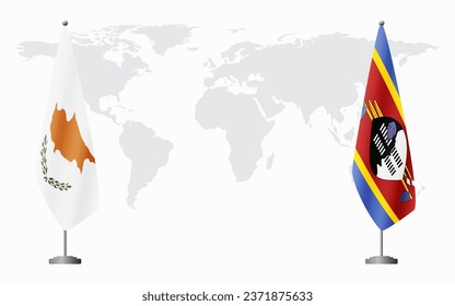 Republic of Cyprus and Kingdom of eSwatini - Swaziland flags for official meeting against background of world map.