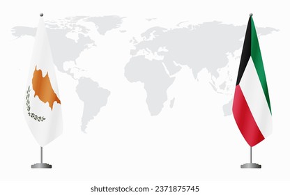 Banderas de la República de Chipre y de Kuwait para una reunión oficial en el contexto del mapa mundial.