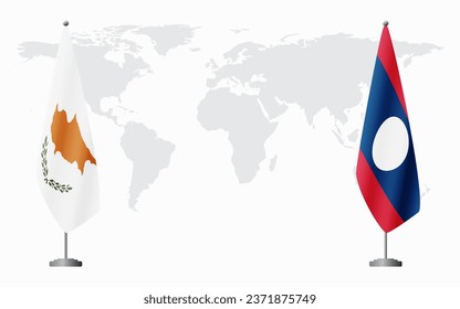 Republic of Cyprus and Laos flags for official meeting against background of world map.