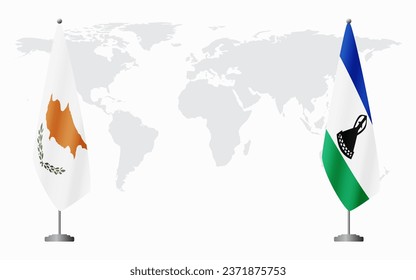 Republic of Cyprus and Lesotho flags for official meeting against background of world map.