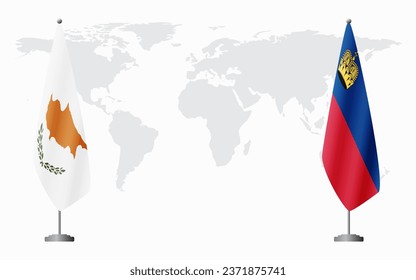 Republic of Cyprus and Liechtenstein flags for official meeting against background of world map.