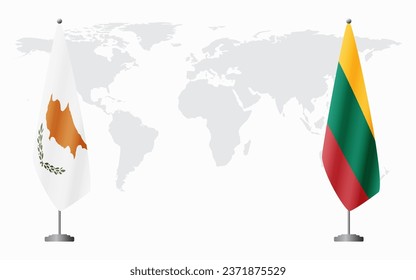 Republic of Cyprus and Lithuania flags for official meeting against background of world map.