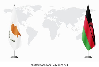 Republic of Cyprus and Malawi flags for official meeting against background of world map.