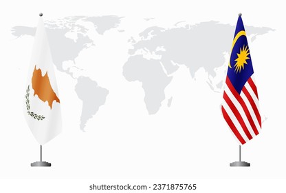 Republic of Cyprus and Malaysia flags for official meeting against background of world map.