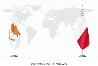 Republic of Cyprus and Malta flags for official meeting against background of world map.