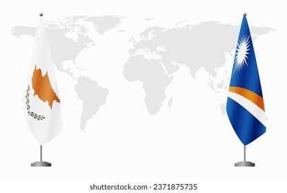 Republic of Cyprus and Marshall Islands flags for official meeting against background of world map.