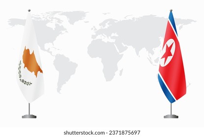 Republic of Cyprus and North Korea flags for official meeting against background of world map.