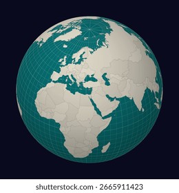 República de Chipre no mapa. Globo centrada em Chipre. Localização do país no mapa mundial. Paleta de cores azul-claro da casa da moeda. Globo com países, meridianos e paralelos. Ilustração de vetor autêntico.