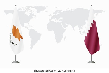 Banderas de la República de Chipre y de Qatar para una reunión oficial en el contexto del mapa mundial.