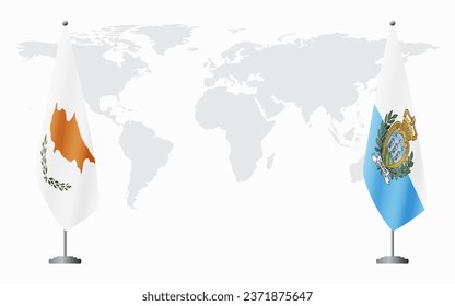 Republic of Cyprus and San Marino flags for official meeting against background of world map.