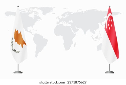 Republic of Cyprus and Singapore flags for official meeting against background of world map.