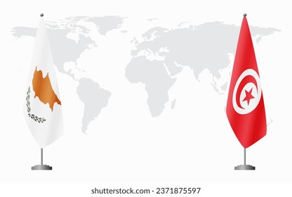 Republic of Cyprus and Tunisia flags for official meeting against background of world map.