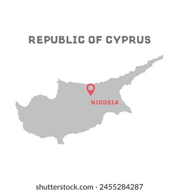 Republic of cyprus vector map illustration, country map silhouette with mark the capital city of Republic of cyprus inside. Filled version illustration isolated on white background