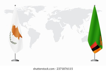 Republic of Cyprus and Zambia flags for official meeting against background of world map.