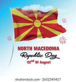 Republic Day 02nd of August with North Macedonia Flag. North Macedonia Republic Day vector illustration template for web, banner, flyer, poster.