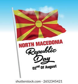 Republic Day 02nd of August with North Macedonia Flag. North Macedonia Republic Day vector illustration template for web, banner, flyer, poster.