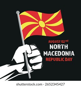 Republic Day 02nd of August with North Macedonia Flag. North Macedonia Republic Day vector illustration template for web, banner, flyer, poster.