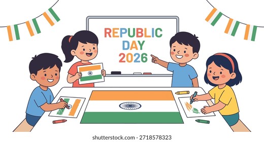Día de la República 2026 Actividad en el aula con niños indios dibujando ilustración de bandera nacional