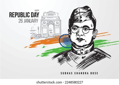 Celebración del Día de la República vector líder nacional indio Subhas Chandra Bose dibujo a mano ilustración 