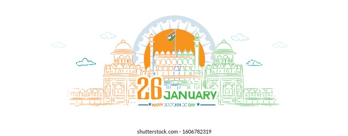 Republic day concept with indian monuments on white background for Happy Republic Day celebration
