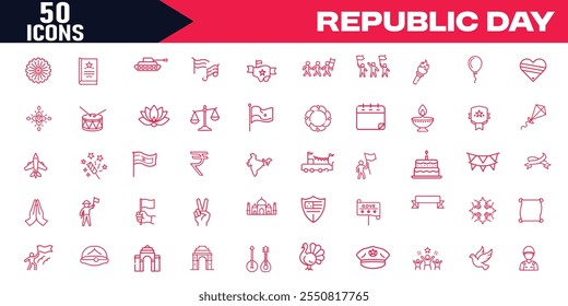 Republic Day Editable Stroke Outline Web Icons Set, Indian Army Soldier Nation Hero Pride Background - Happy Republic Day Vector Illustration