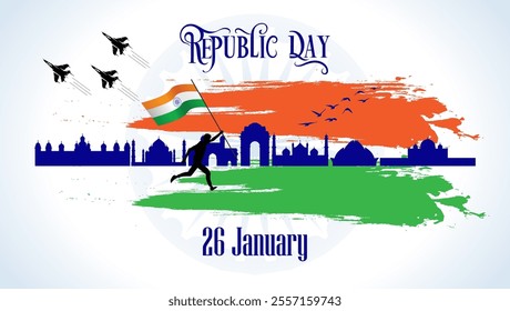 A Republic Day illustration featuring Republic Day in a celebratory font 26 January the Indian Tricolor Ashoka Chakra a flag bearer fighter jets pigeons and a cityscape