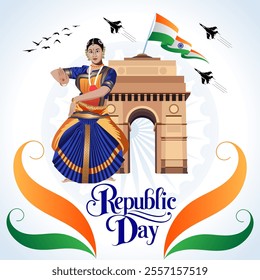 
A Republic Day illustration featuring a woman dancing in traditional attire the Indian Tricolor above India Gate fighter jets and pigeons symbolizing peace and unity