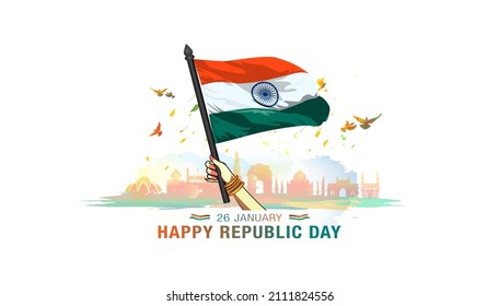 Republic day of india 26 January. Woman holding tricolor flag. India gate and monuments background. Vector illustration