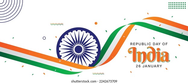 Republic Day of India with 26 January Text, Inida Flag Banner Template, Ashoka wheel with Tricolor Ribbon with Confetti isolated Greeting Card Design, Vector Illustration