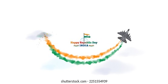 Republic day of India. Background of tricolor. Happy Republic day of India text with Smile army parade and fighter jet. Vector illustration.