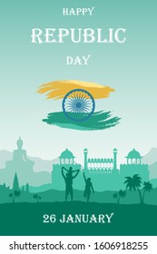 Republic Day India banner or poster. Silhouette of people outdoors and Red Fort on background of mountains landscape. Vector greeting or invitation card for the independence celebration and parade.