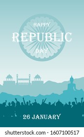 Republic Day India banner or poster. Silhouette of a crowd of people outdoors and Red Fort on background of mountains landscape. Vector greeting or invitation card for the independence celebration.