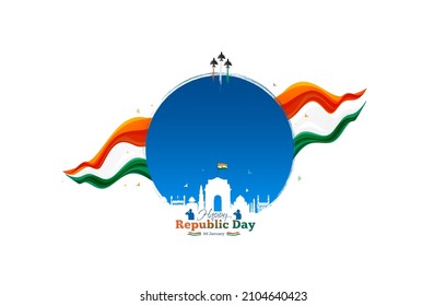 El concepto creativo de la celebración del Día de la República de la India. Bandera tricolor ondulada, jet de combate y la india tienen fondo. Diseño de rótulos de plantillas