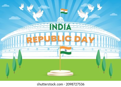 Republic Day of India celebration wishes with patriotic elements vector illustration template with parliament building in the background