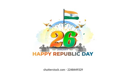 Republic Day of India Concept. 3D 26 January Happy Republic Day Text with Indian Tricolor flag. Poster banner template design.