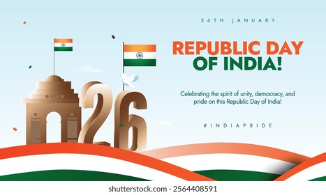 Republic Day of India. India cover with Indian Flag golden number, Delhi gate, modern elements. Indian Republic Day celebration banner for social media.