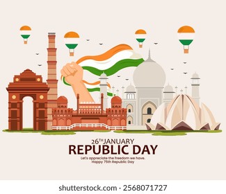 republic day of india famous monuments taj mahal, india gate, red fort, lotus temple and landmark celebration banner