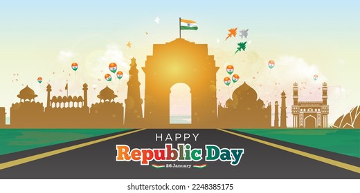 Republik Day of India Feiertage Hintergrund Vorlage Design. Indisches Erbe Skyline-Monumente mit Happy Republic Day Text und Tricolor-Flagge.