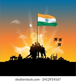 Republic day of India. Indian army holding tricolor flag and indian monuments skyline background. Victory, freedom, patriotic and parade concept.