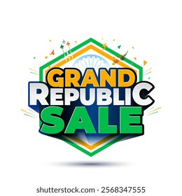 Republic Day of India sale promotion logo design. Grand Republic Sale with tricolor hexagon and background. Modern Shopping, deal and discount concept.