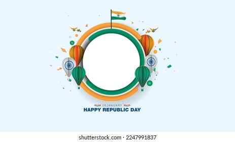 Diseño de plantillas de venta del Día de la República de la India. concepto de unidad de Logotipo 3D. 26 de enero Feliz Día de la República Texto con bandera tricolor y globo.