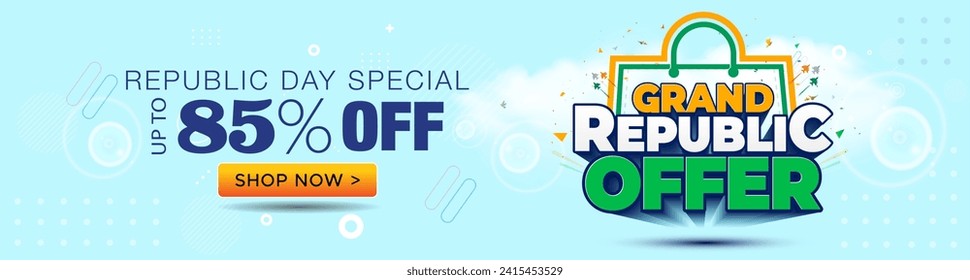 Republic Day of India, shopping advertising promotional sales, offer, deal, discount website banner and logo design. Indian tricolor flag with Grand Republic offer 3d text.