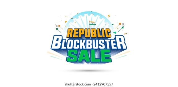 Concepto de publicidad comercial del Día de la República de la India. Oferta de venta de Blockbuster, descuento de oferta, afiche de banner web y logotipo. Ilustración del vector