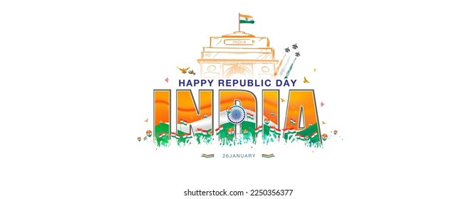 Republic day of India typography. Tricolor flag with parade and India gate backgroung. Vector illustration.