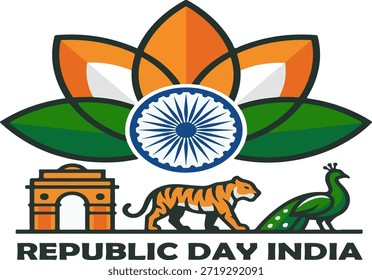 Republic Day India vector featuring lotus flower, Ashoka Chakra, India Gate, tiger and peacock symbolizing national pride in a bold modern flat illustration style.