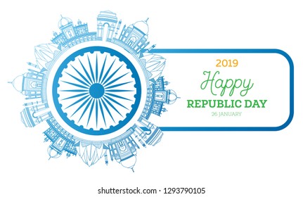 Republic Day in India. Vector Illustration. 26 January. Famous Indian Landmarks.